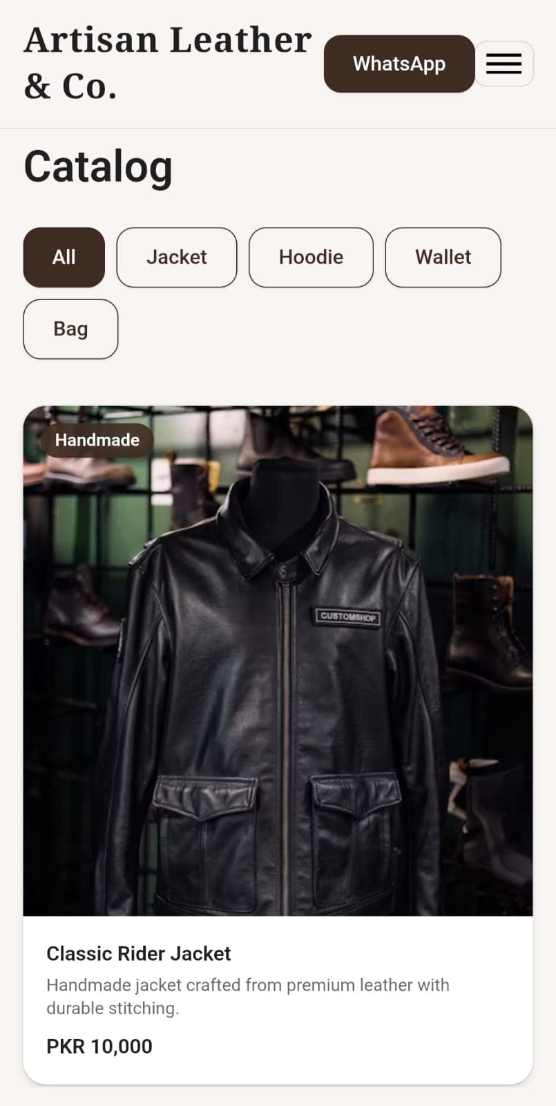 Artisan Leather — Catalog (mobile)